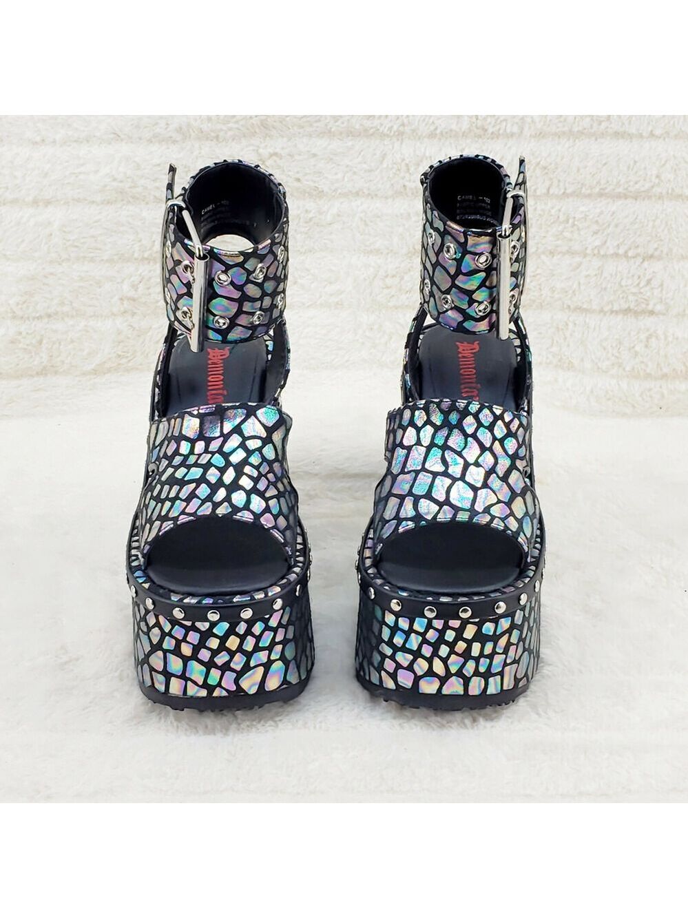 NIB DEMONIA Camel 102 Stacked Black Hologram Platform Sandals Goth Punk NY